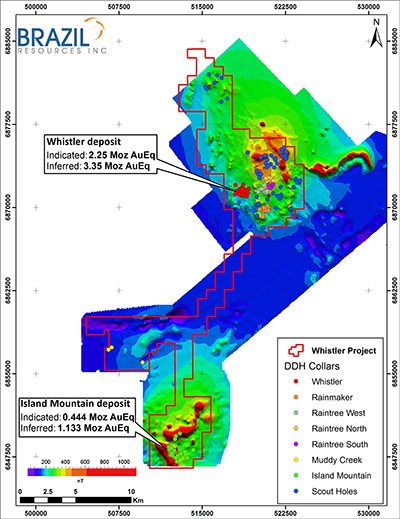 Whistler Project showing location of Whistler and Island Mountain deposits.