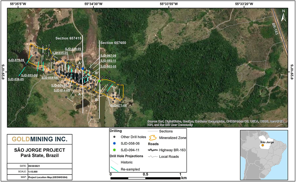 Figure 1 – Property location map showing the São Jorge deposit in Pará Sate. The 14 holes that are part of the infill sampling program are shown with the blue coloured drill traces. The results from the first 2 holes presented in this news release are along the section lines indicated on the image and are presented in detail in Figure 2 and Figure 3.