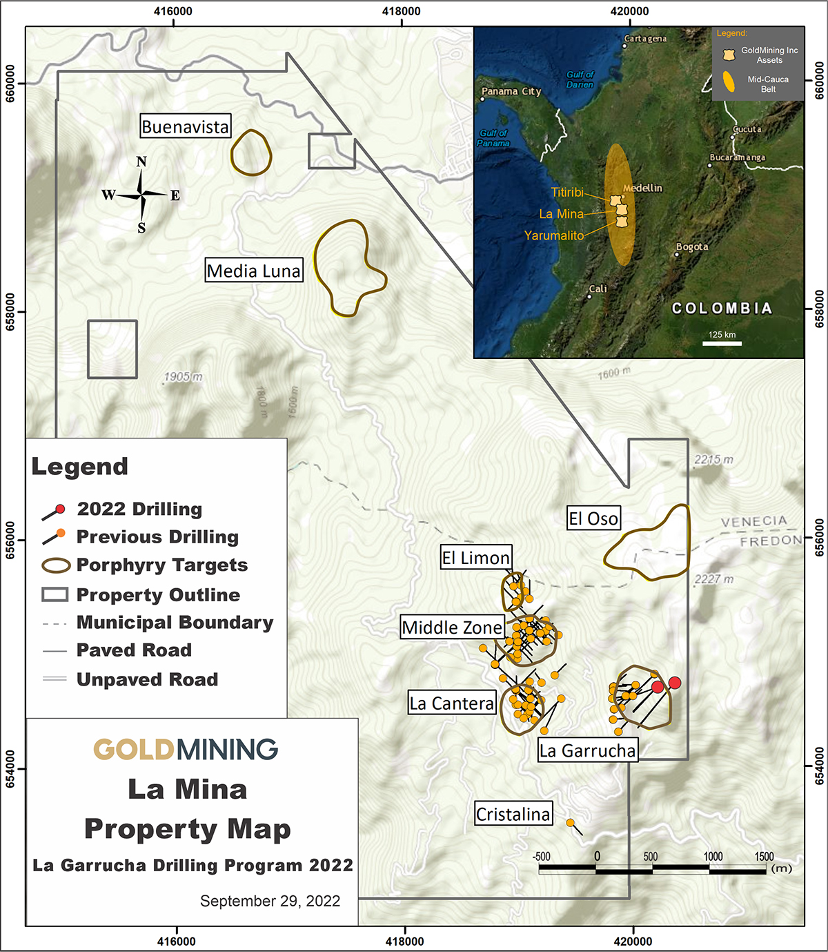 Figure 1 – La Mina Project, deposits and exploration targets, Antioquia, Colombia.