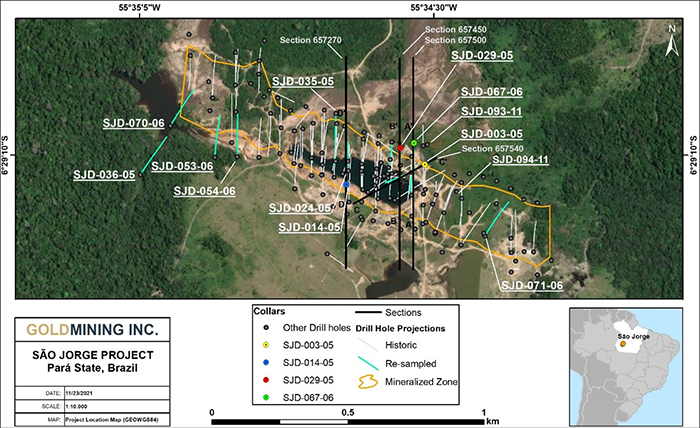 Figure 1 – Property location map showing the São Jorge deposit in Pará Sate. The 13 holes that contain intervals as part of the infill sampling program are shown with the light blue coloured drill traces. Results highlighted in this news release are taken along the four section lines shown in black and are presented in detail in Figures 2-5.